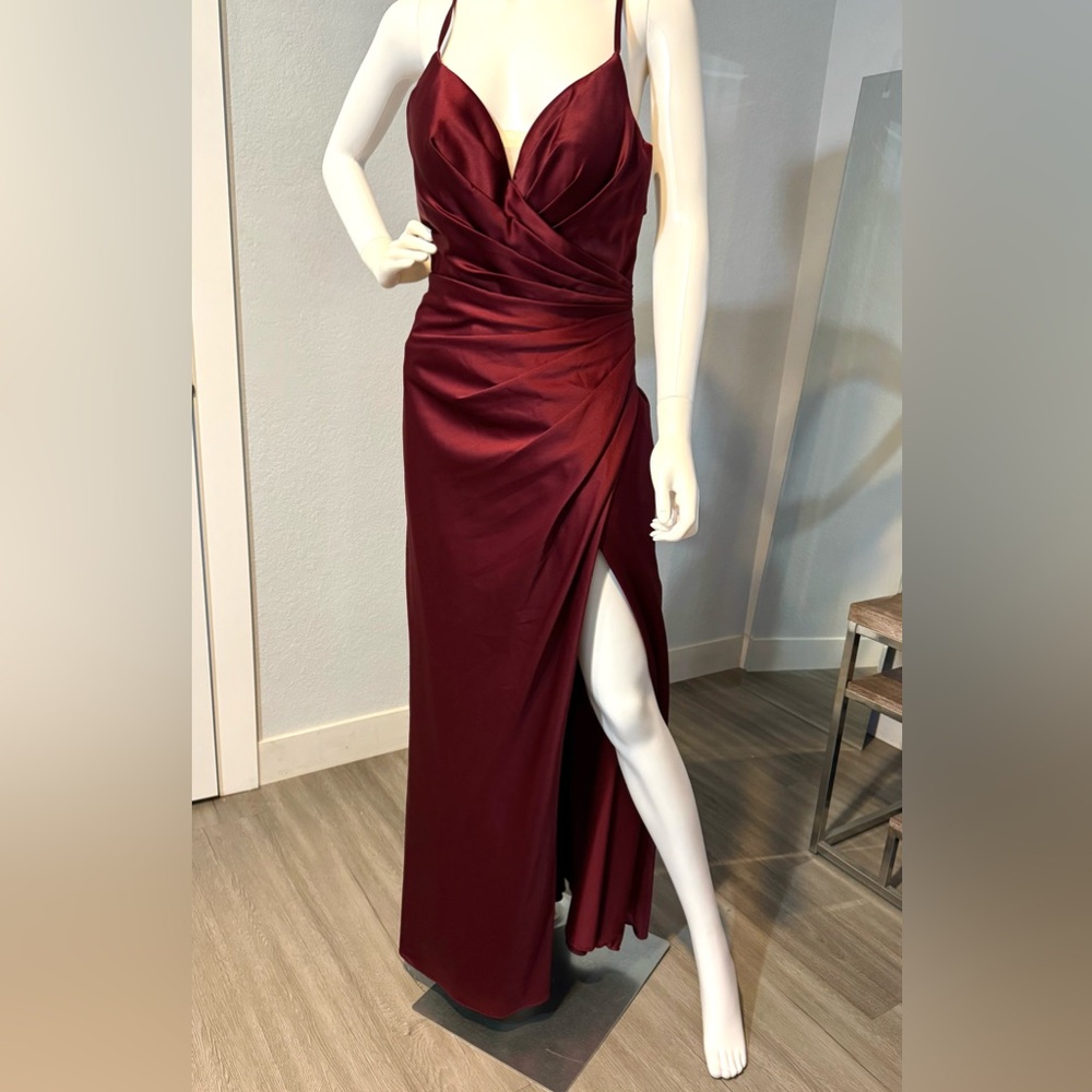 La Femme Wine Burgundy Satin Maxi Gown with Thigh Slit
